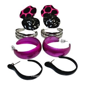 Woman's Vtg To Now Earrings Lot Bundle Set 5 Pairs Silver Tone Black Enamel Pink